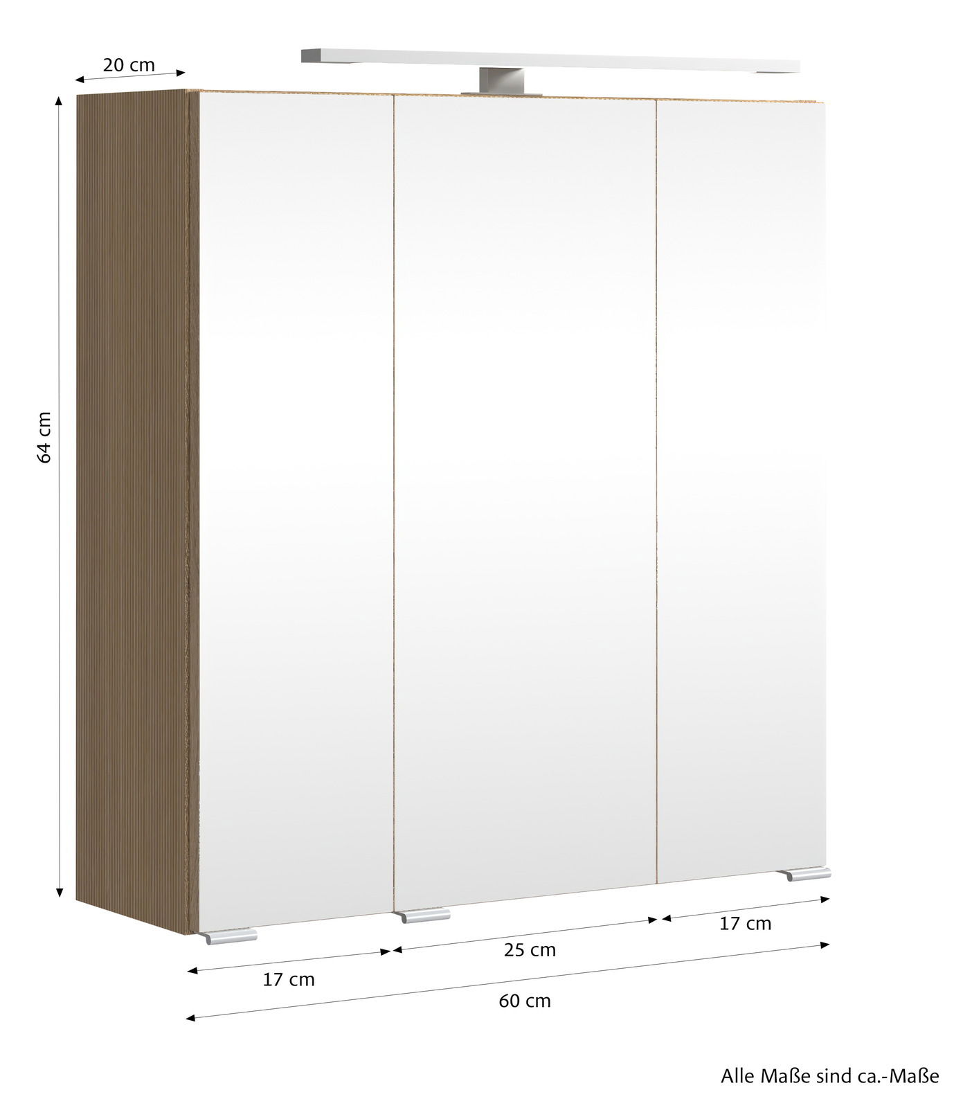 Spiegelschrank mit drei Türen, Holzrahmen und integrierter Beleuchtung, seitliche Perspektive