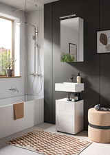 Moderner Spiegelschrank in einem stilvollen Badezimmer, frontal betrachtet, mit Waschbecken und Dusche.