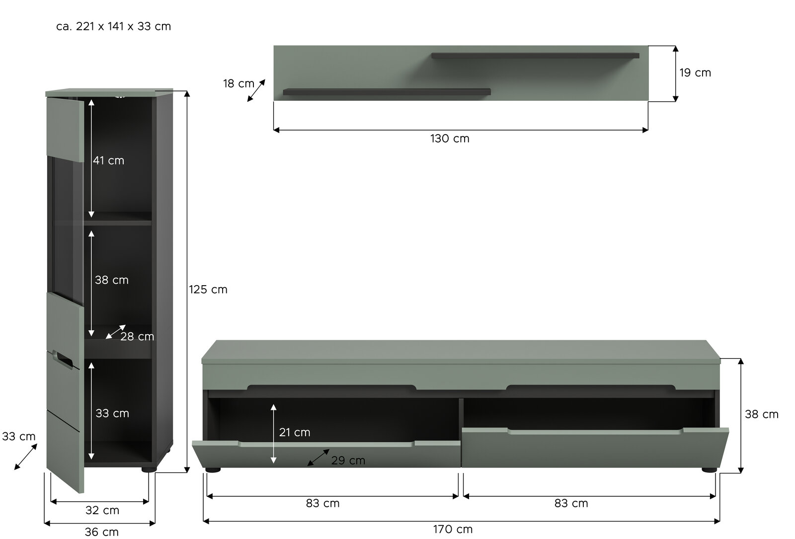 Maßskizze eines modernen Wohnzimmermöbel-Sets in Grau/Schwarz: hoher Schrank (ca. 125×36×33 cm), TV-Lowboard (ca. 170×38 cm) und Wandboard (ca. 130×19×18 cm) mit Schubladen und offenen Fächern, dargestellt in Front- und Seitenansicht.