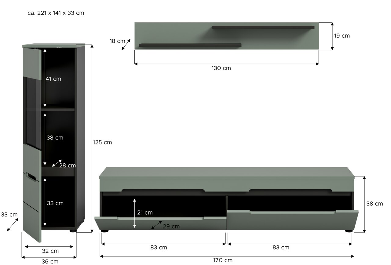 Maßskizze eines modernen Wohnzimmermöbel-Sets in Grau/Schwarz: hoher Schrank (ca. 125×36×33 cm), TV-Lowboard (ca. 170×38 cm) und Wandboard (ca. 130×19×18 cm) mit Schubladen und offenen Fächern, dargestellt in Front- und Seitenansicht.