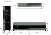 Maßskizze eines modernen Wohnzimmermöbel-Sets in Grau/Schwarz: hoher Schrank (ca. 125×36×33 cm), TV-Lowboard (ca. 170×38 cm) und Wandboard (ca. 130×19×18 cm) mit Schubladen und offenen Fächern, dargestellt in Front- und Seitenansicht.