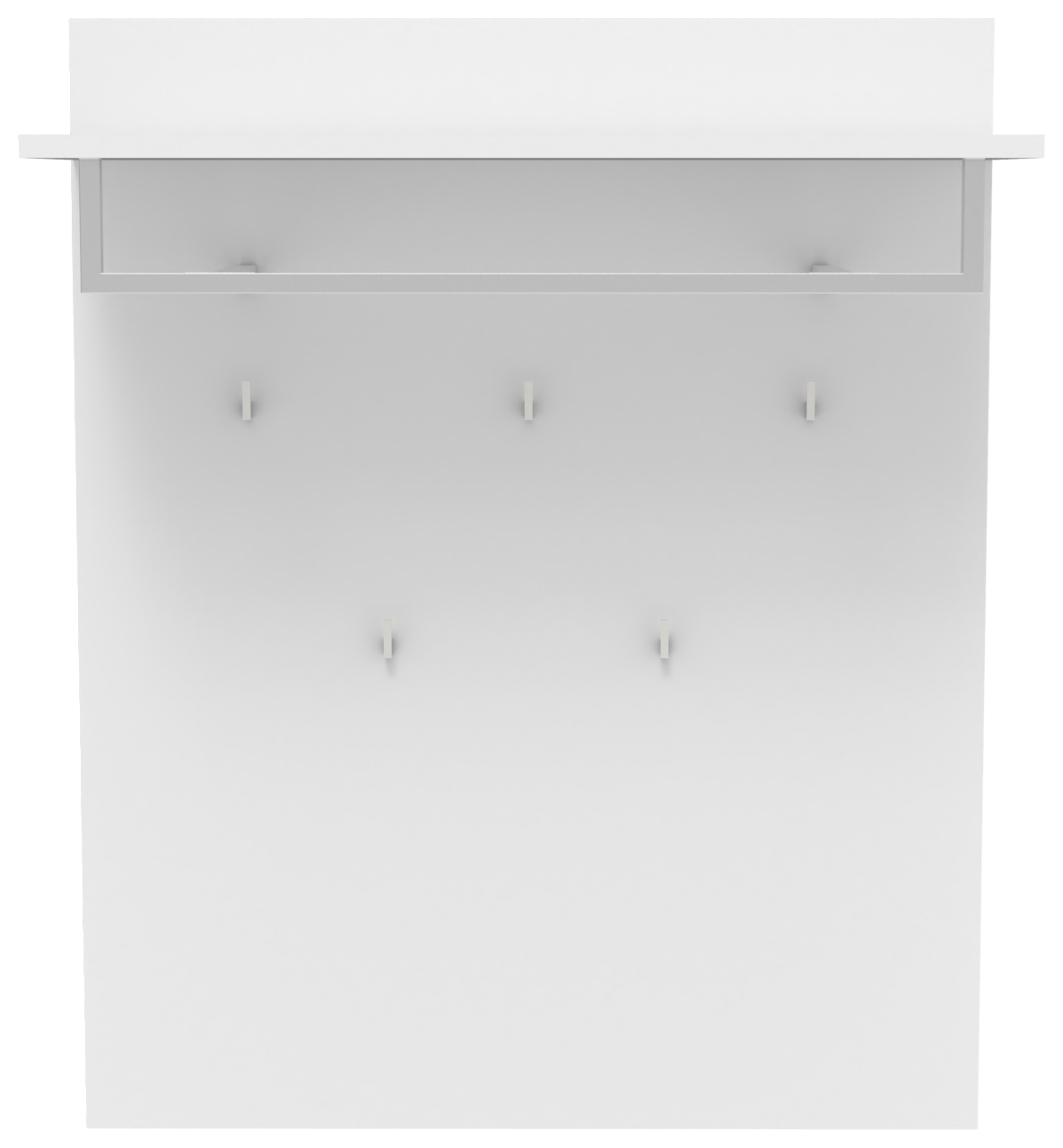 Weiße Wandgarderobe mit Ablage und mehreren Haken, Frontansicht