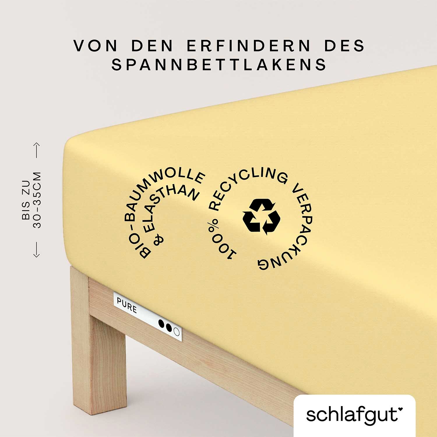 Close-up van een geel hoeslaken op een matras, gemaakt van biologisch katoen en elastaan, met een verpakking van gerecycled materiaal. Zijaanzicht.