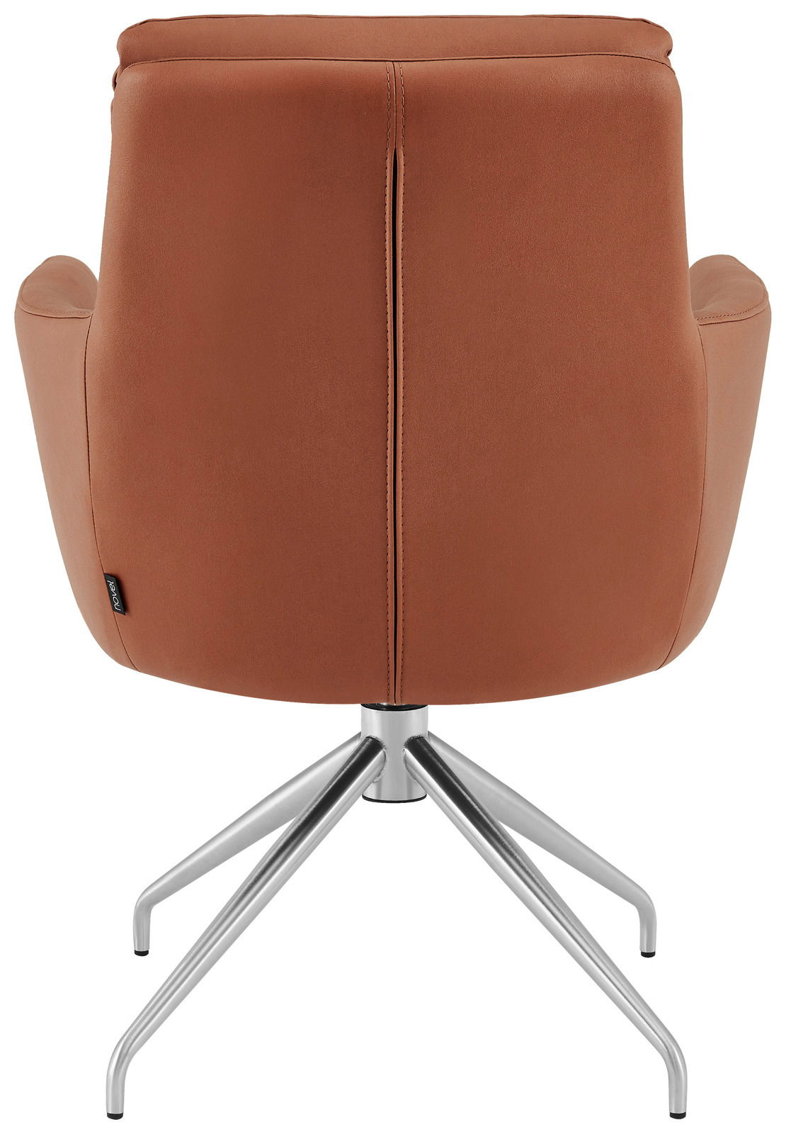 Rückansicht eines braunen Armlehnstuhls mit Metallgestell