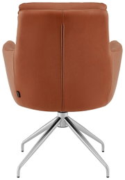 Achterkant van een bruine fauteuil met metalen frame