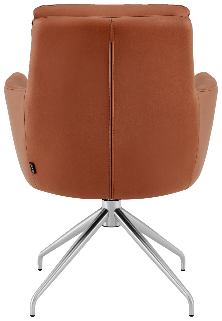 Achterkant van een bruine fauteuil met metalen frame
