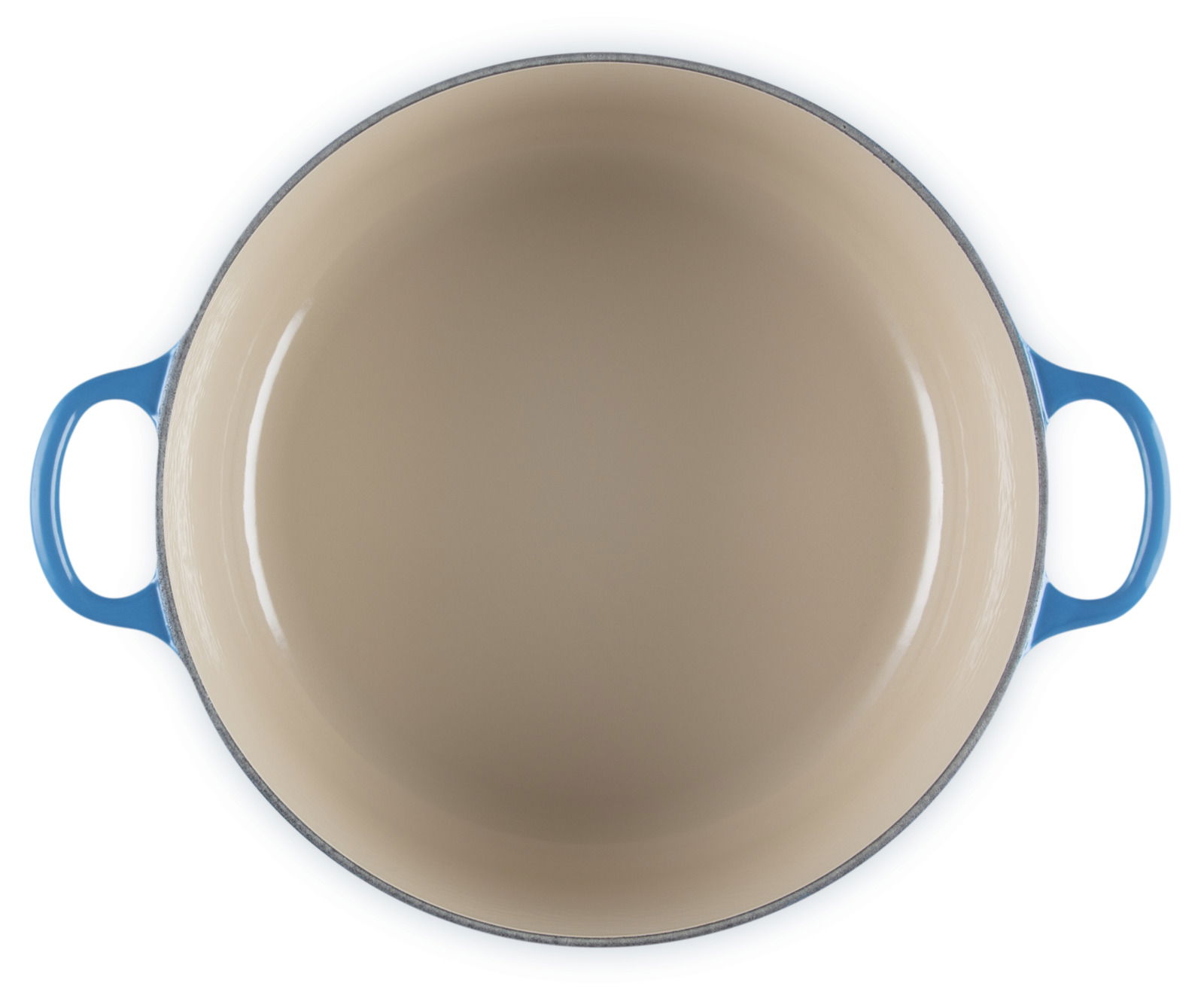 Blick von oben auf einen runden blauen Bräter mit zwei Griffen, Innenansicht in Beige.