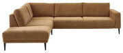 Ecksofa in braunem Stoffbezug mit schwarzem Metallfuß, Perspektive von vorne links