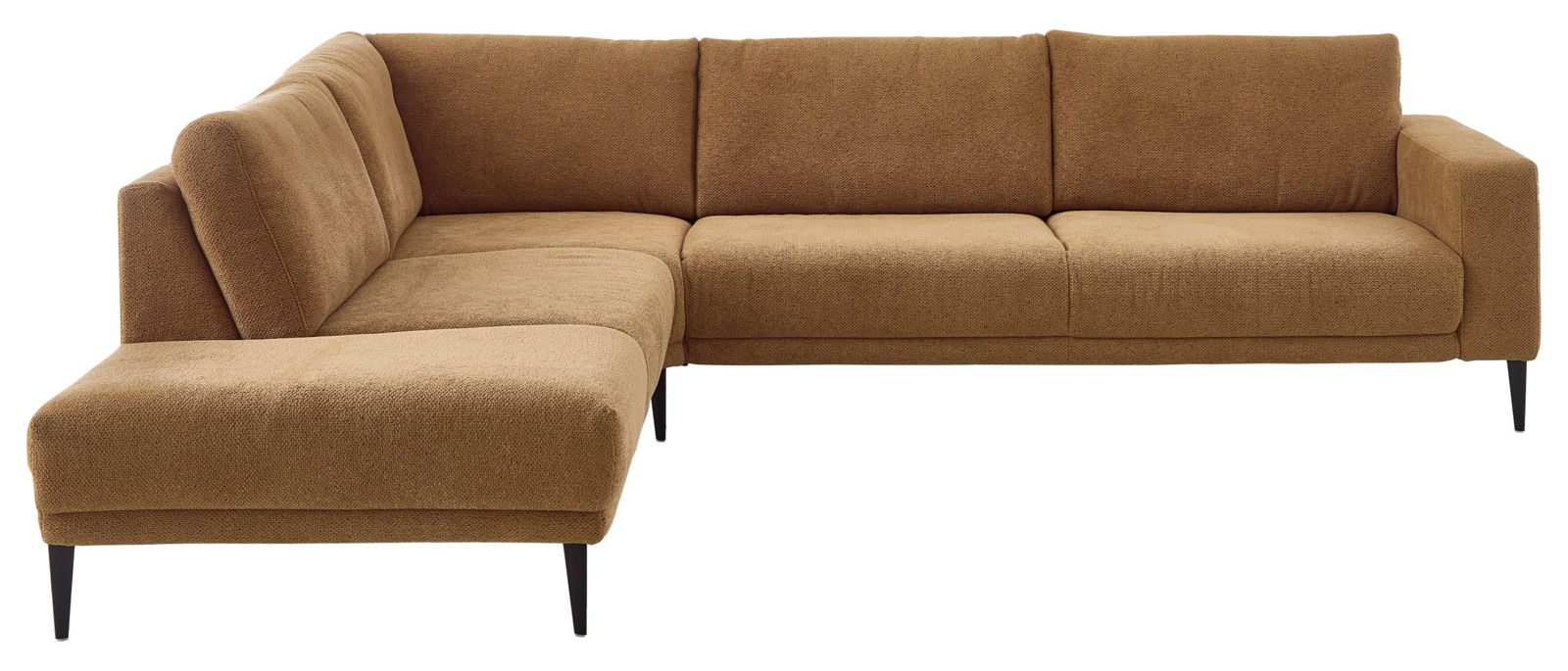 Ecksofa in braunem Stoffbezug mit schwarzem Metallfuß, Perspektive von vorne links