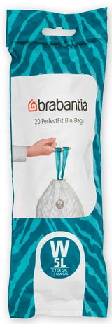 Verpackung von Brabantia Müllbeuteln, 5 Liter, mit blauem Zickzackmuster, Vorderansicht