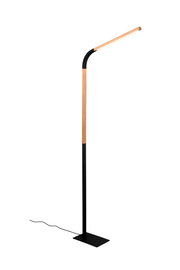 Moderne Stehleuchte Norris mit schlankem, minimalistischem Design in Holz- und Schwarztönen, seitliche Perspektive.