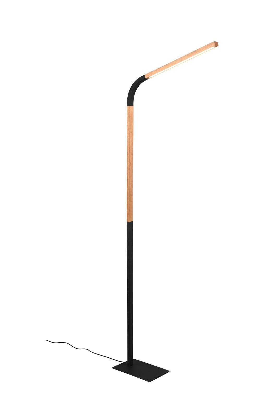 Moderne Stehleuchte Norris mit schlankem, minimalistischem Design in Holz- und Schwarztönen, seitliche Perspektive.