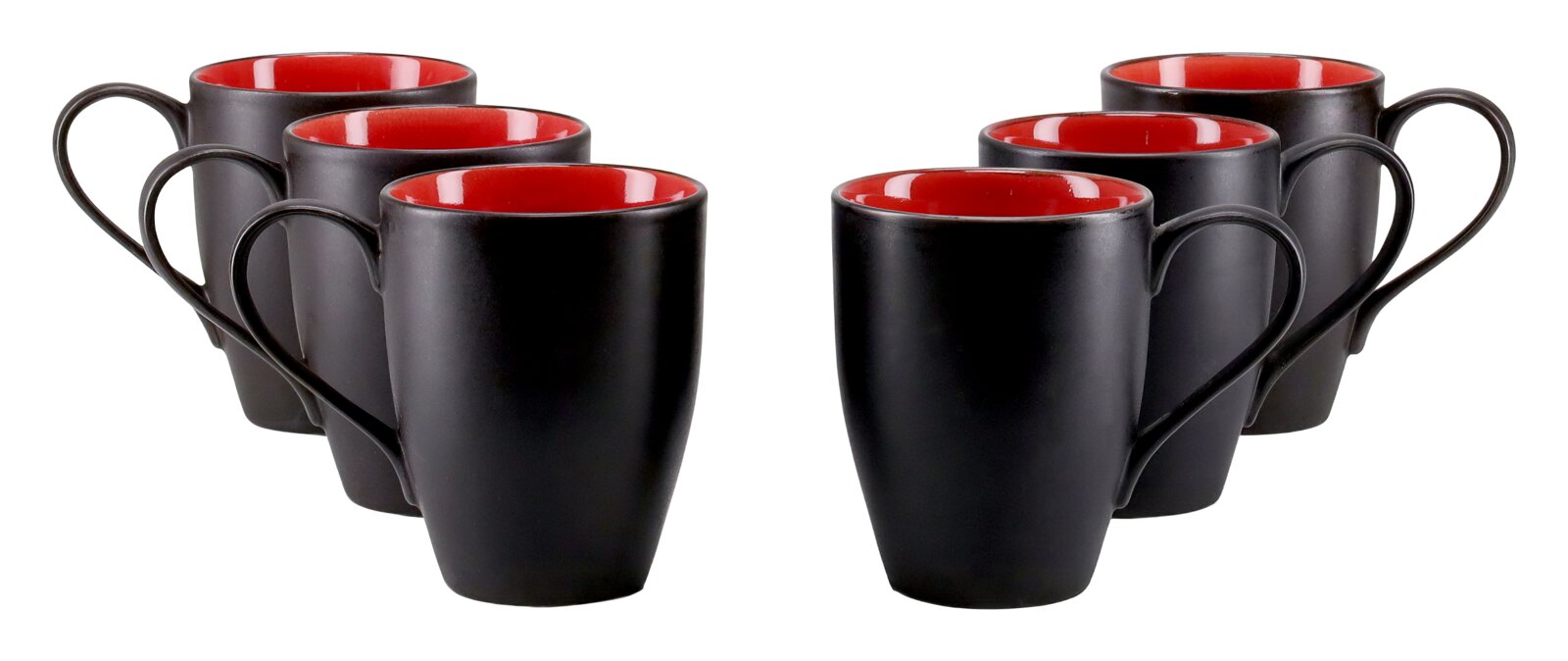 creaTable Kaffeebecher 6-tlg. HOT RED Sechs schwarze Keramiktassen mit glänzend roter Innenseite, symmetrisch angeordnet und aus leicht erhöhter Vorderansicht auf weißem Hintergrund gezeigt