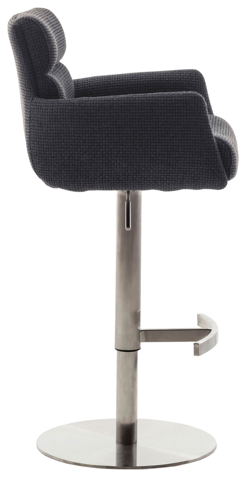 Dieter Knoll Barstuhl mit Armlehnen LEXINGTON Moderner Barstuhl mit Armlehnen in Seitenansicht, gepolsterter Sitz in dunklem Stoff, verstellbare Höhe, Metallfuß mit Fußstütze.