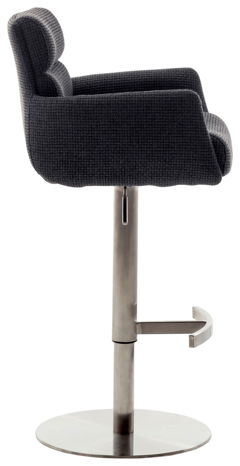 Dieter Knoll Barstuhl mit Armlehnen LEXINGTON Moderner Barstuhl mit Armlehnen in Seitenansicht, gepolsterter Sitz in dunklem Stoff, verstellbare Höhe, Metallfuß mit Fußstütze.