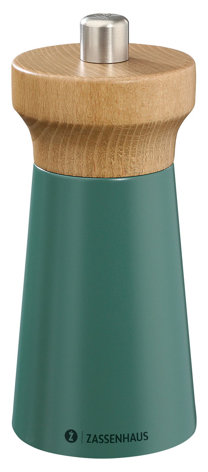 Grüne Salzmühle aus Holz und Metall, 12 cm hoch, mit seitlicher Ansicht.