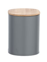 Graue Badbox Gara mit Holzdeckel, frontal fotografiert.