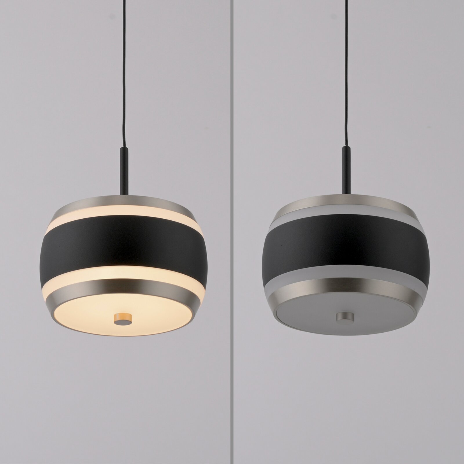 Moderne LED-hanglamp in zwart en zilver, vooraanzicht en zijaanzicht