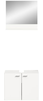 Frontale Ansicht einer weißen Badkombination mit großem Spiegel und Unterschrank mit zwei Türen.