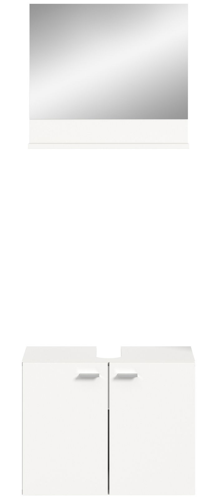 Frontale Ansicht einer weißen Badkombination mit großem Spiegel und Unterschrank mit zwei Türen.