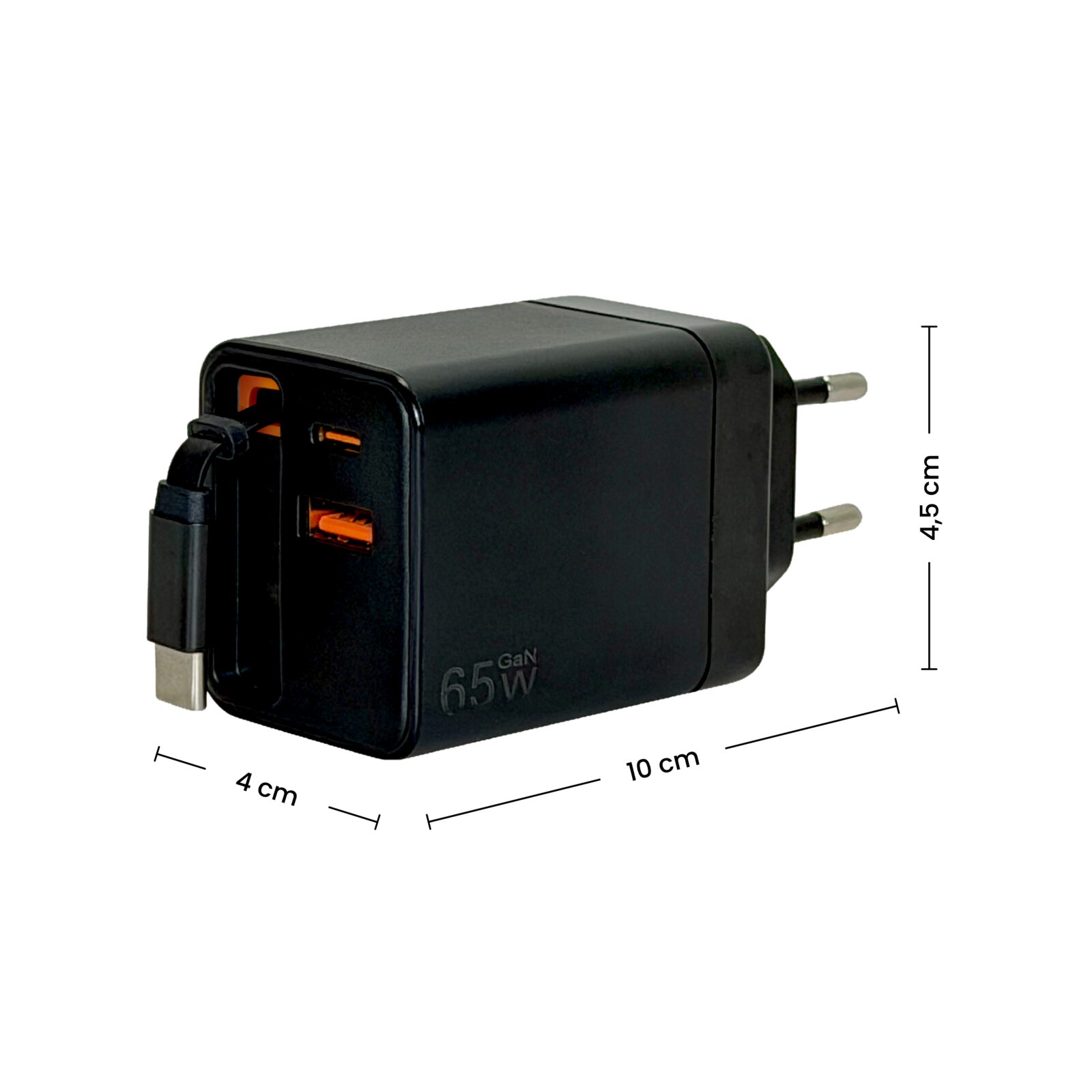 Schwarzes GaN-USB-Ladegerät mit EU-Stecker, 65 W, mit ausklappbarem USB-C-Kabel sowie USB-C- und USB-A-Anschlüssen; Ansicht schräg von vorn links, Maße ca. 10 x 4 x 4,5 cm