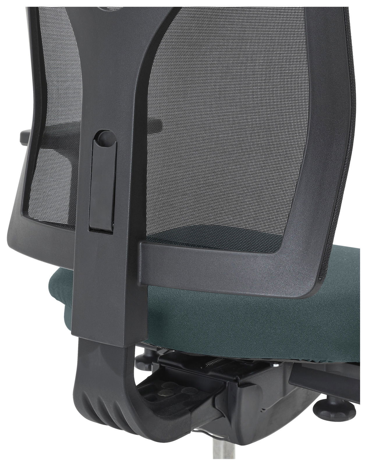 Rückansicht eines Drehstuhls mit Netzrückenlehne und gepolstertem Sitz