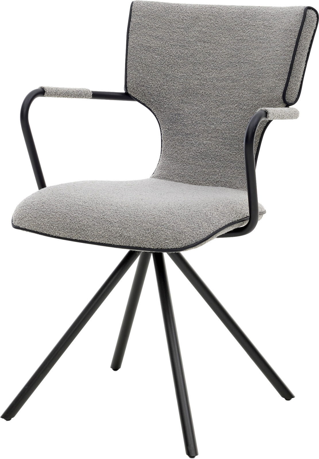 Gepolsterter Esszimmerstuhl mit grauem Bouclé-Bezug, schwarzen Metallarmlehnen und vierbeinigem Metallgestell, freigestellt in schräger Vorderansicht