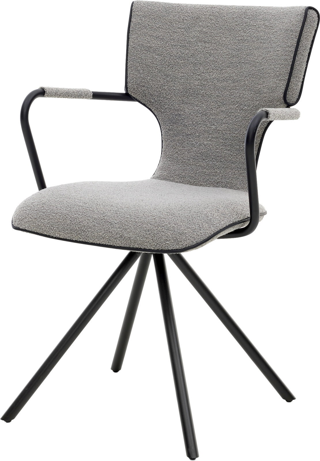 Gepolsterter Esszimmerstuhl mit grauem Bouclé-Bezug, schwarzen Metallarmlehnen und vierbeinigem Metallgestell, freigestellt in schräger Vorderansicht