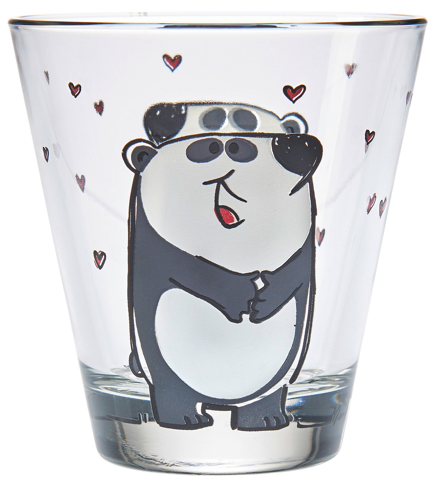 Kinder-Trinkglas mit niedlichem Panda-Motiv und kleinen Herzen, Vorderansicht