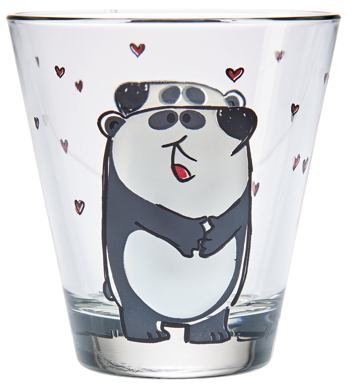 Kinder-Trinkglas mit niedlichem Panda-Motiv und kleinen Herzen, Vorderansicht