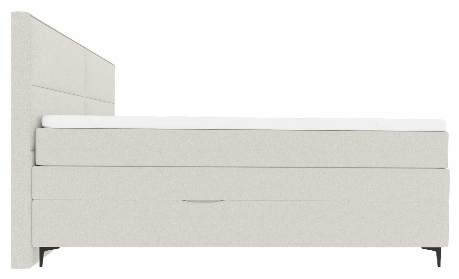 Seitliche Ansicht eines modernen Boxspringbetts mit hellem Stoffbezug und schwarzem Fußdesign.