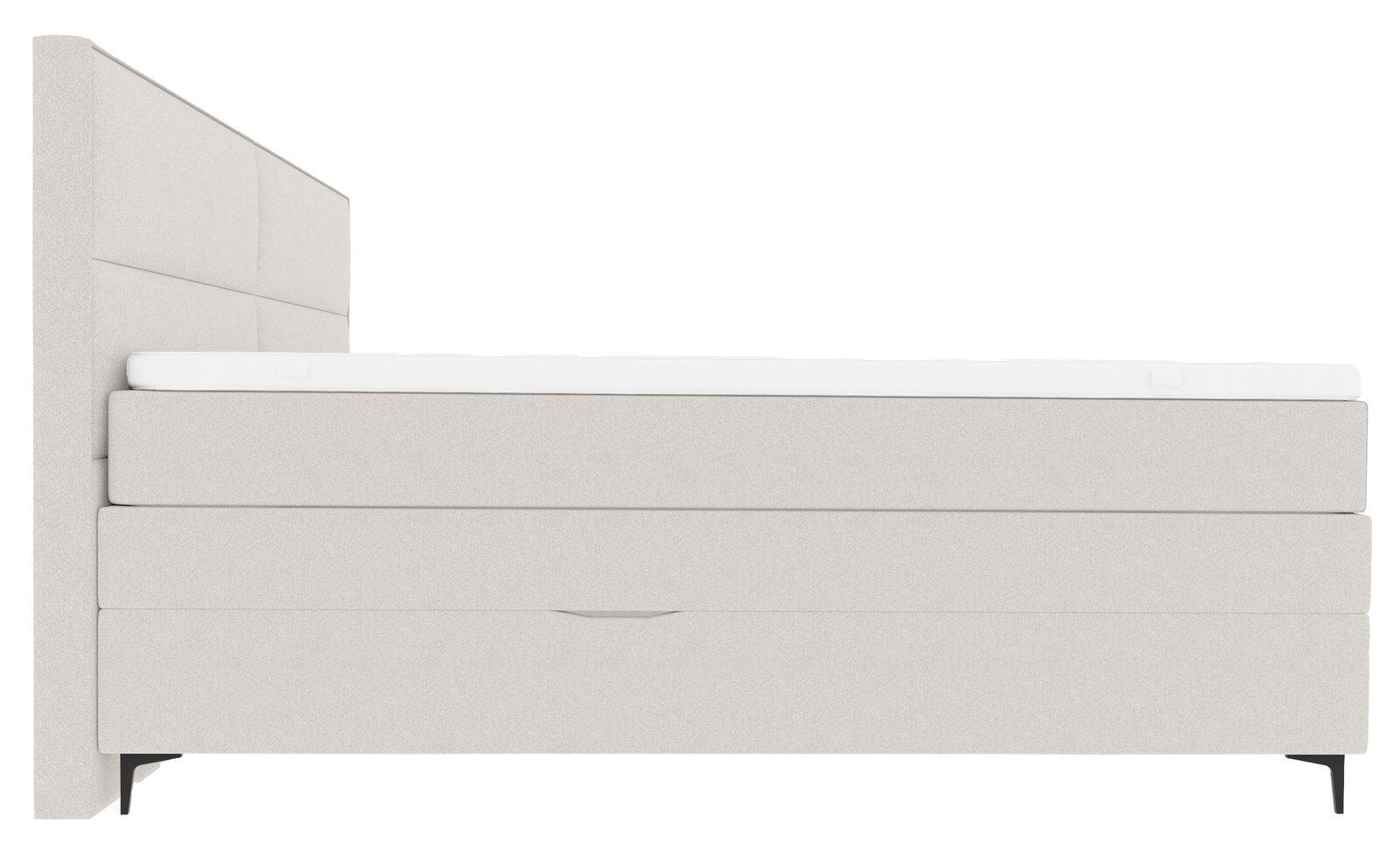 Seitliche Ansicht eines modernen Boxspringbetts mit hellem Stoffbezug und schwarzem Fußdesign.