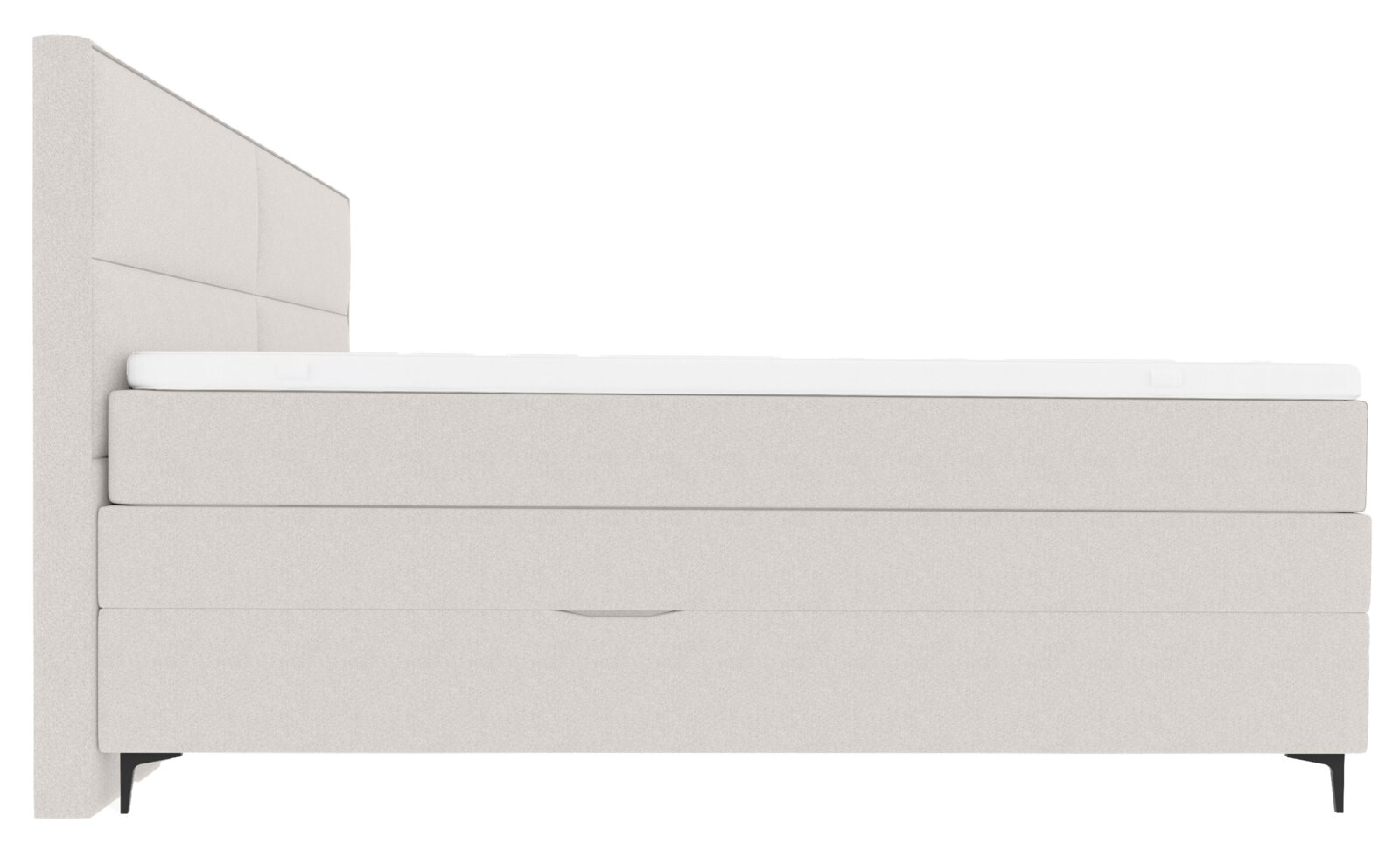 Seitliche Ansicht eines modernen Boxspringbetts mit hellem Stoffbezug und schwarzem Fußdesign.
