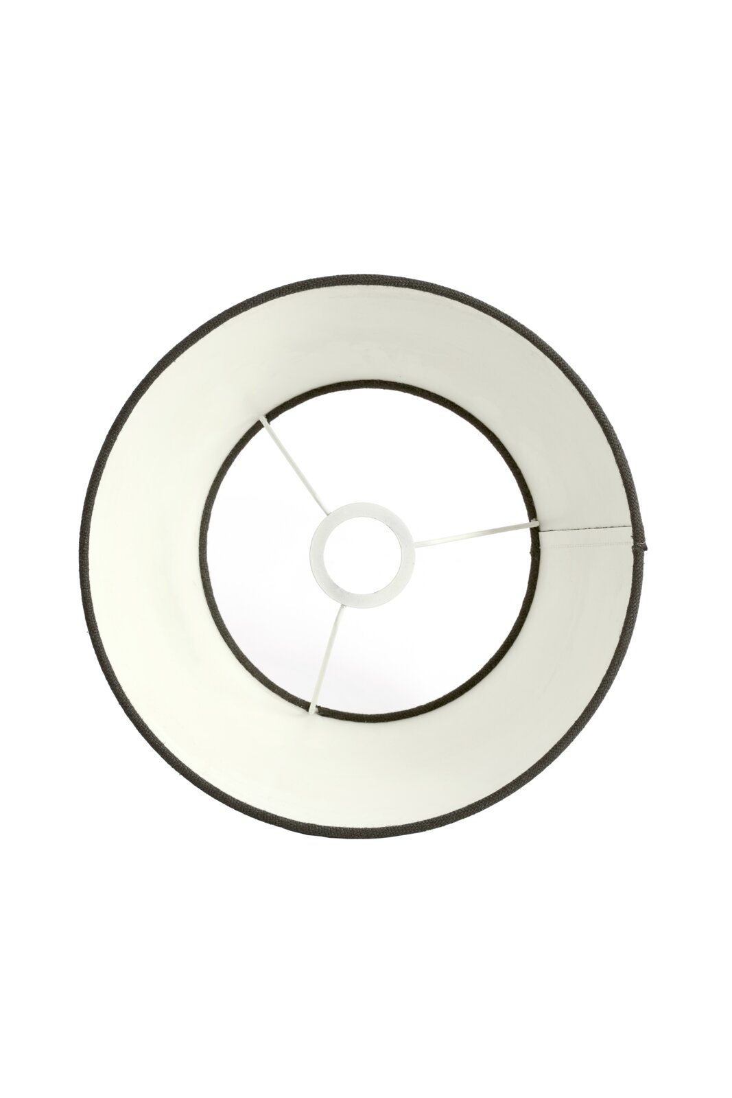 Ronde lampenkap gezien van bovenaf, met een witte binnenkant en een donkere rand.