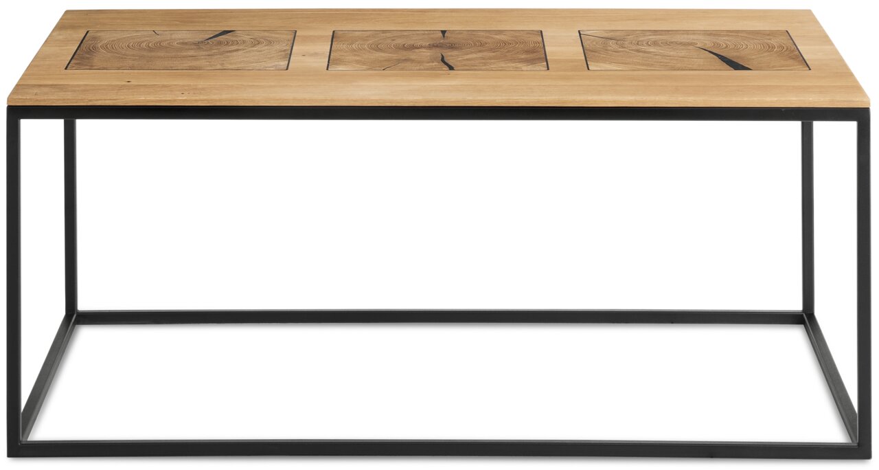 Moderner Couchtisch mit Holzplatte und Metallrahmen, Frontalansicht