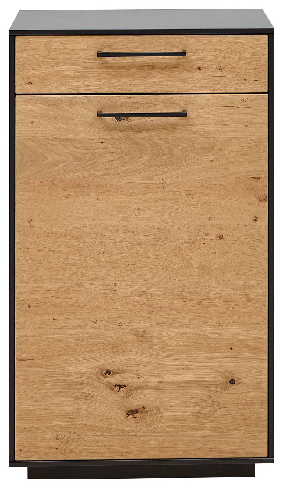 Dieter Knoll Schuhkommode schmal SAVONA Frontansicht einer schmalen Schuhkommode aus Holz mit schwarzem Rahmen und zwei Griffen.