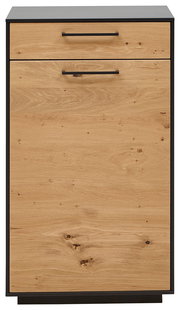 Frontansicht einer schmalen Schuhkommode aus Holz mit schwarzem Rahmen und zwei Griffen.