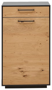 Frontansicht einer schmalen Schuhkommode aus Holz mit schwarzem Rahmen und zwei Griffen.