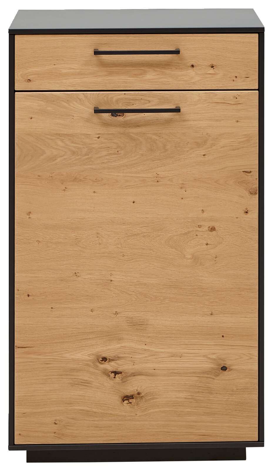 Frontansicht einer schmalen Schuhkommode aus Holz mit schwarzem Rahmen und zwei Griffen.