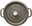 Runde graue Bräter Cocotte von oben mit zwei Griffen und einem Knauf auf dem Deckel, Aufschrift 'La Cocotte Staub'.