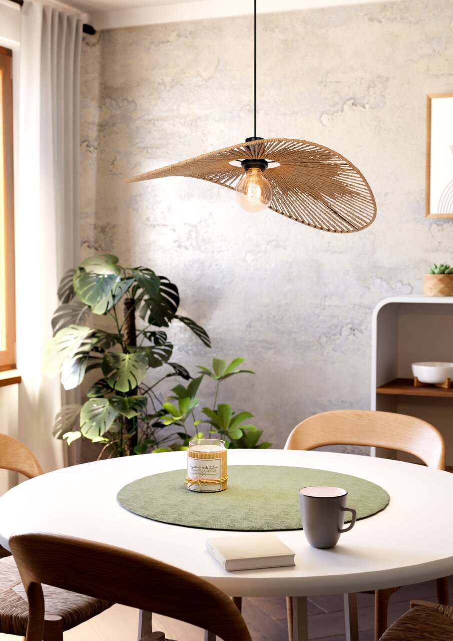 Eglo Leuchten Pendelleuchte SIRUELA Pendelleuchte SIRUELA in einem modernen Esszimmer, aus der Perspektive von schräg unten fotografiert, mit einem runden Tisch und Pflanzen im Hintergrund.