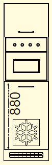 Frontansicht eines Backofen- und Kühlschrankumbaus mit integriertem Backofen und Kühlschrank. Der Backofen befindet sich in der Mitte, darüber und darunter sind Schränke. Der Kühlschrank ist im unteren Bereich mit einem Schneeflockensymbol gekennzeichnet.