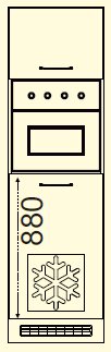 Frontansicht eines Backofen- und Kühlschrankumbaus mit integriertem Backofen und Kühlschrank. Der Backofen befindet sich in der Mitte, darüber und darunter sind Schränke. Der Kühlschrank ist im unteren Bereich mit einem Schneeflockensymbol gekennzeichnet.
