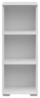 Weißes, schmales Aktenregal mit drei offenen Fächern, frontal betrachtet.