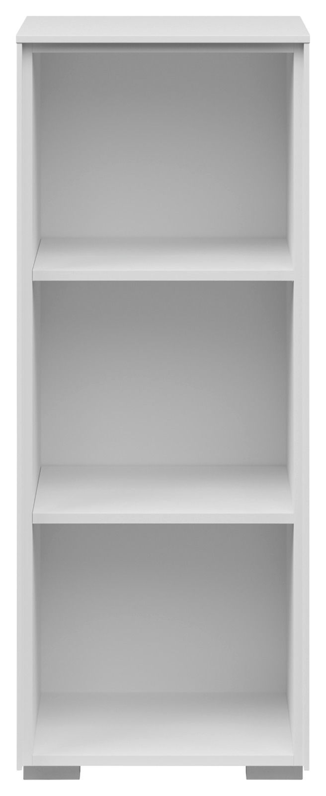 Weißes, schmales Aktenregal mit drei offenen Fächern, frontal betrachtet.