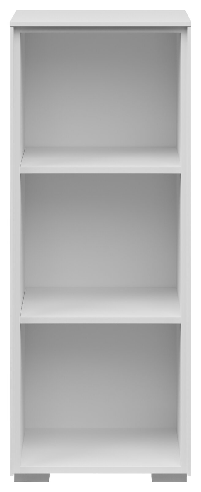 Weißes, schmales Aktenregal mit drei offenen Fächern, frontal betrachtet.