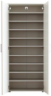 Offener, hoher Schuhschrank mit mehreren Regalböden, frontal betrachtet.