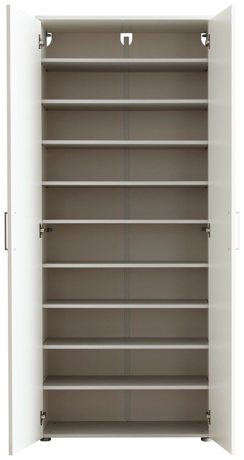 Offener, hoher Schuhschrank mit mehreren Regalböden, frontal betrachtet.