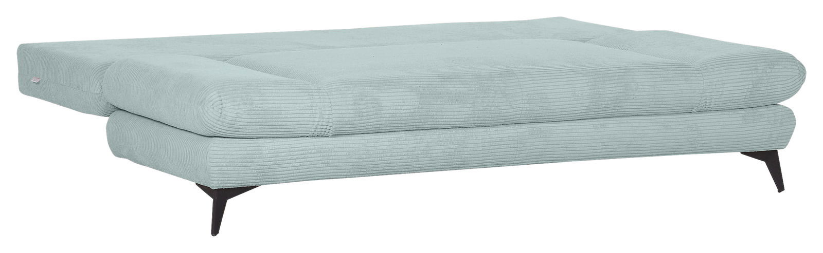 Funktionssofa ELIO in hellgrünem Stoff, seitliche Perspektive, ausgeklappt mit schwarzen Beinen.