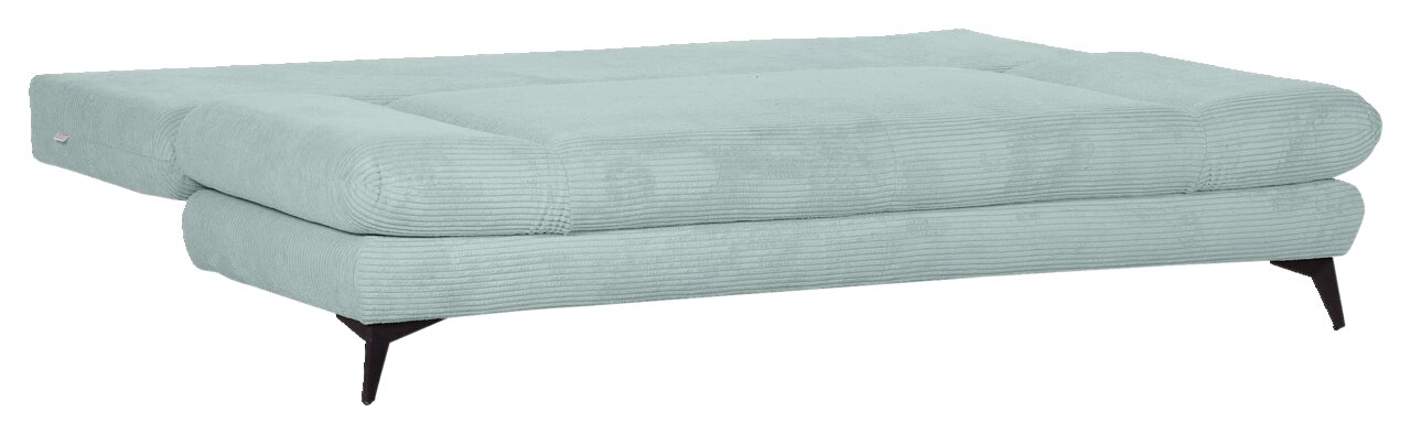 Funktionssofa ELIO in hellgrünem Stoff, seitliche Perspektive, ausgeklappt mit schwarzen Beinen.